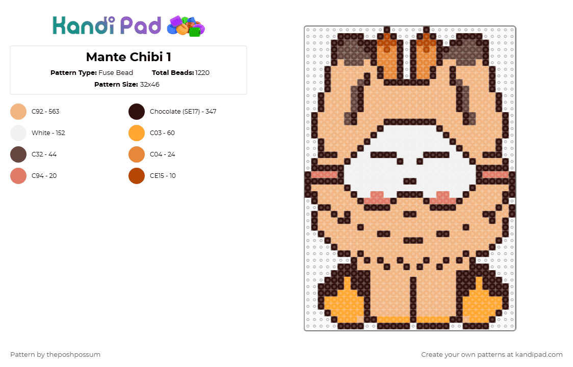 Mante Chibi 1 - Fuse Bead Pattern by theposhpossum on Kandi Pad - brown,beige,furry,fursona,chibi,cute