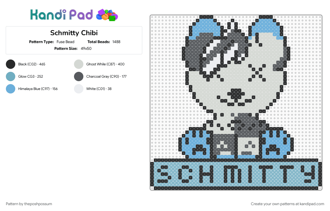 Schmitty Chibi - Fuse Bead Pattern by theposhpossum on Kandi Pad - gray, light blue