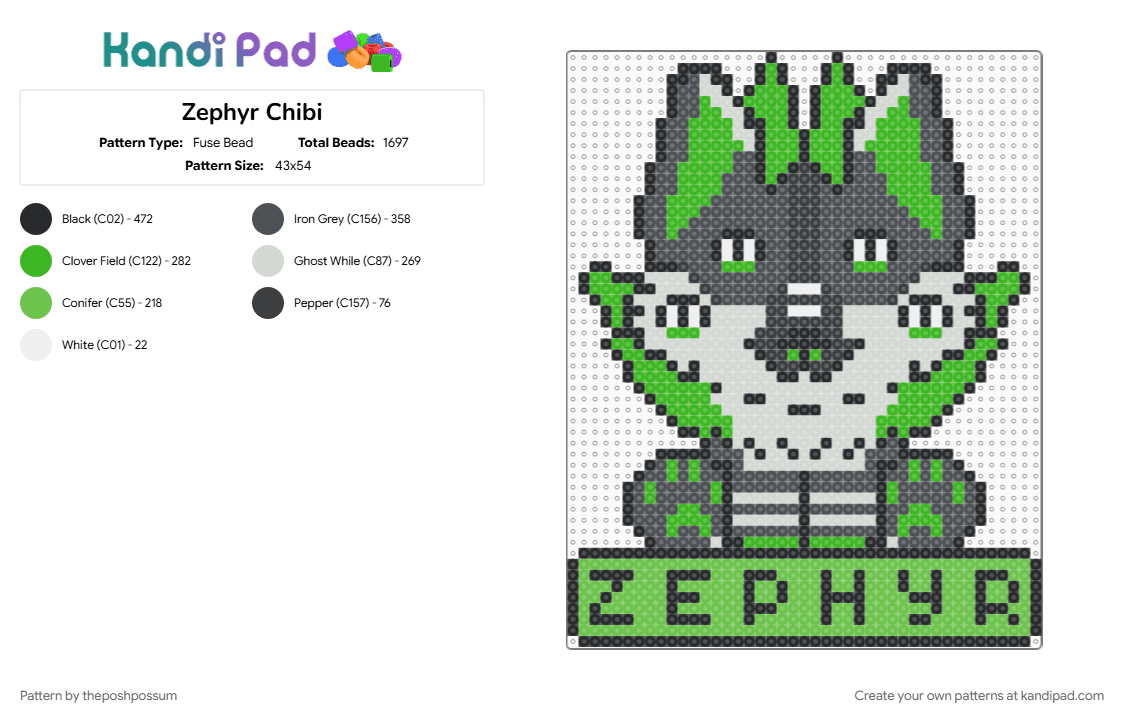 Zephyr Chibi - Fuse Bead Pattern by theposhpossum on Kandi Pad - green, purple