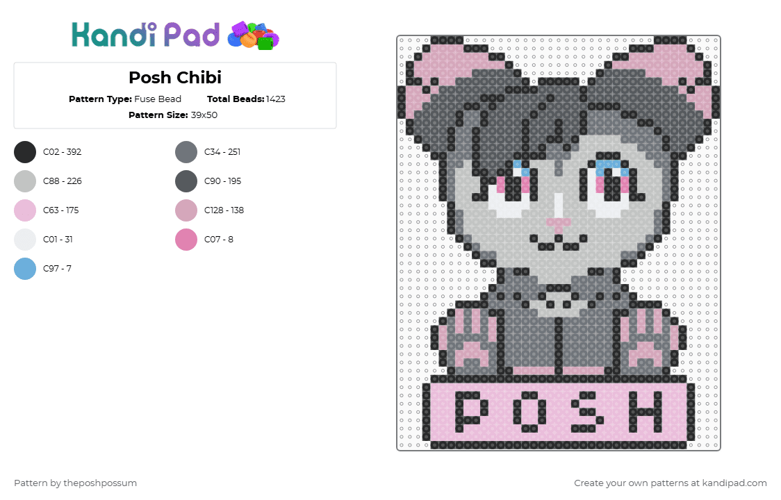 Posh Chibi - Fuse Bead Pattern by theposhpossum on Kandi Pad - gray,pink