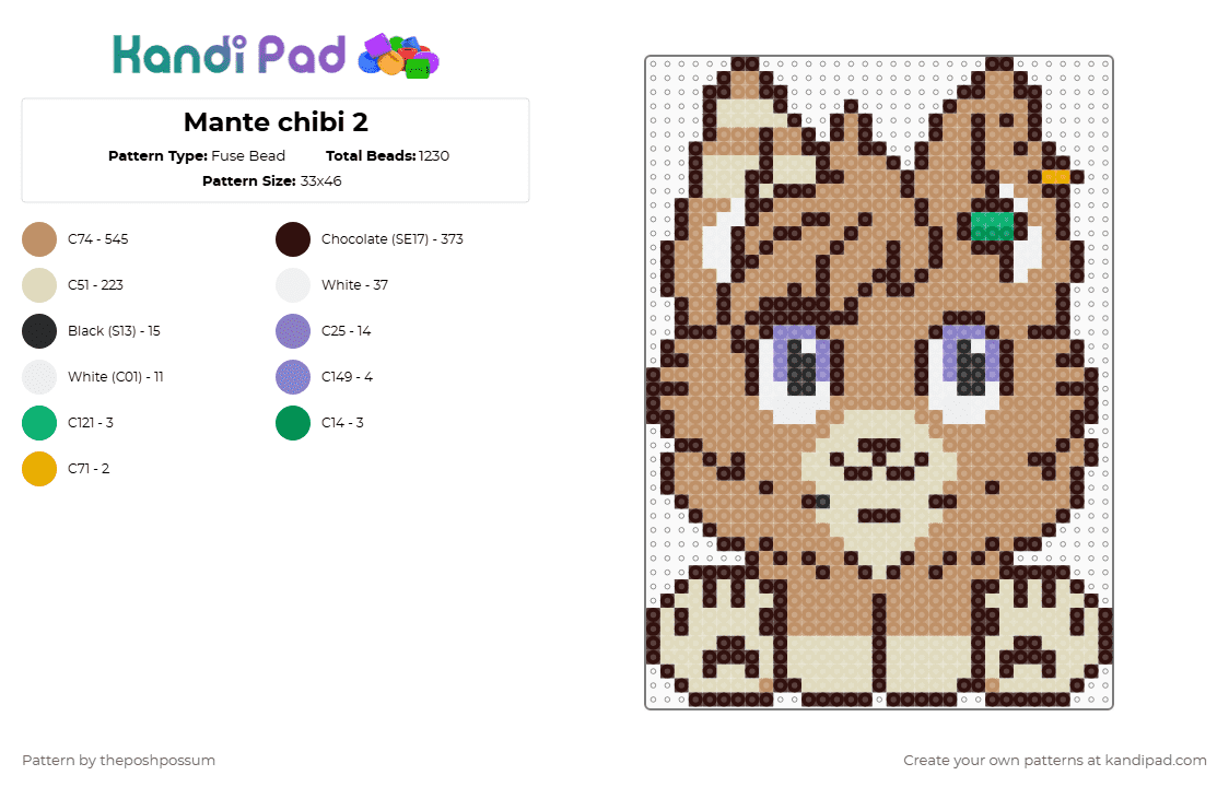 Mante chibi 2 - Fuse Bead Pattern by theposhpossum on Kandi Pad - brown,tan,beige