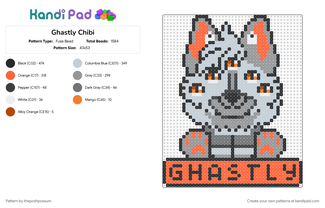 Ghastly Chibi - Fuse Bead Pattern by theposhpossum on Kandi Pad - gray, orange