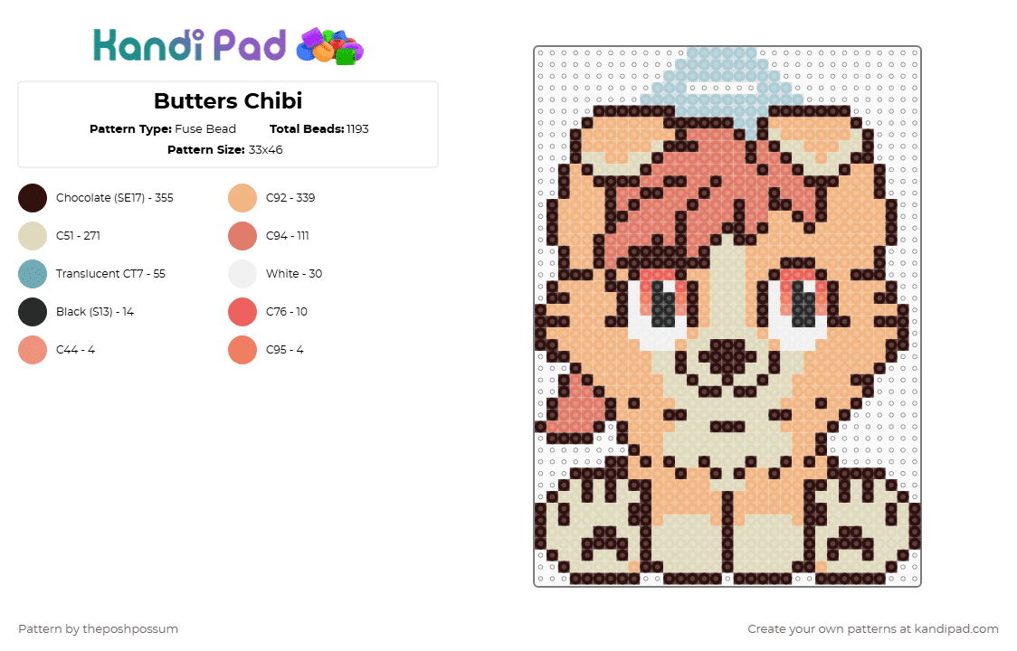 Butters Chibi - Fuse Bead Pattern by theposhpossum on Kandi Pad - brown,beige,furry,fursona,chibi,cute
