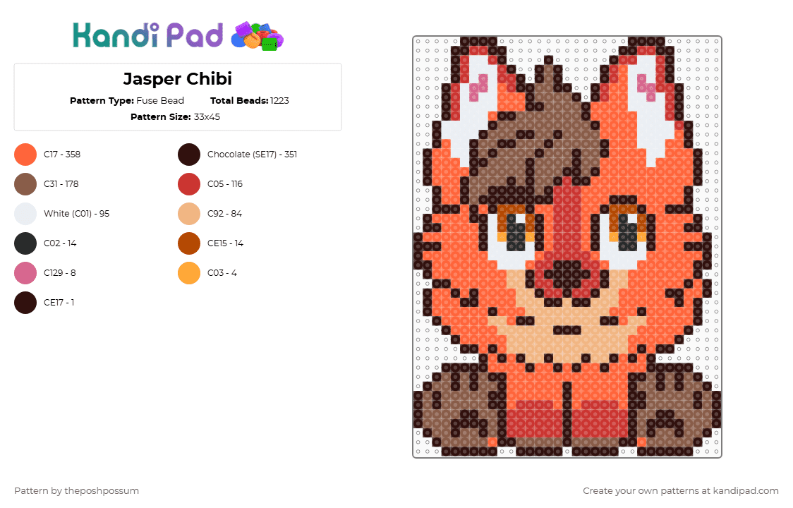 Jasper Chibi - Fuse Bead Pattern by theposhpossum on Kandi Pad - brown,orange,tan,furry,fursona,chibi,cute