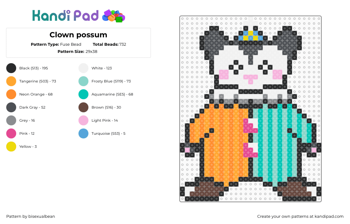 Clown possum - Fuse Bead Pattern by bisexualbean on Kandi Pad - light blue,gray,orange,teal