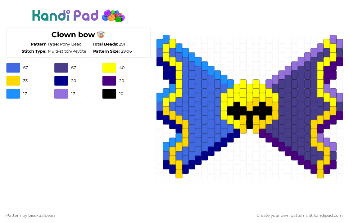 Clown bow 🤡 - Pony Bead Pattern by bisexualbean on Kandi Pad - yellow,blue,purple