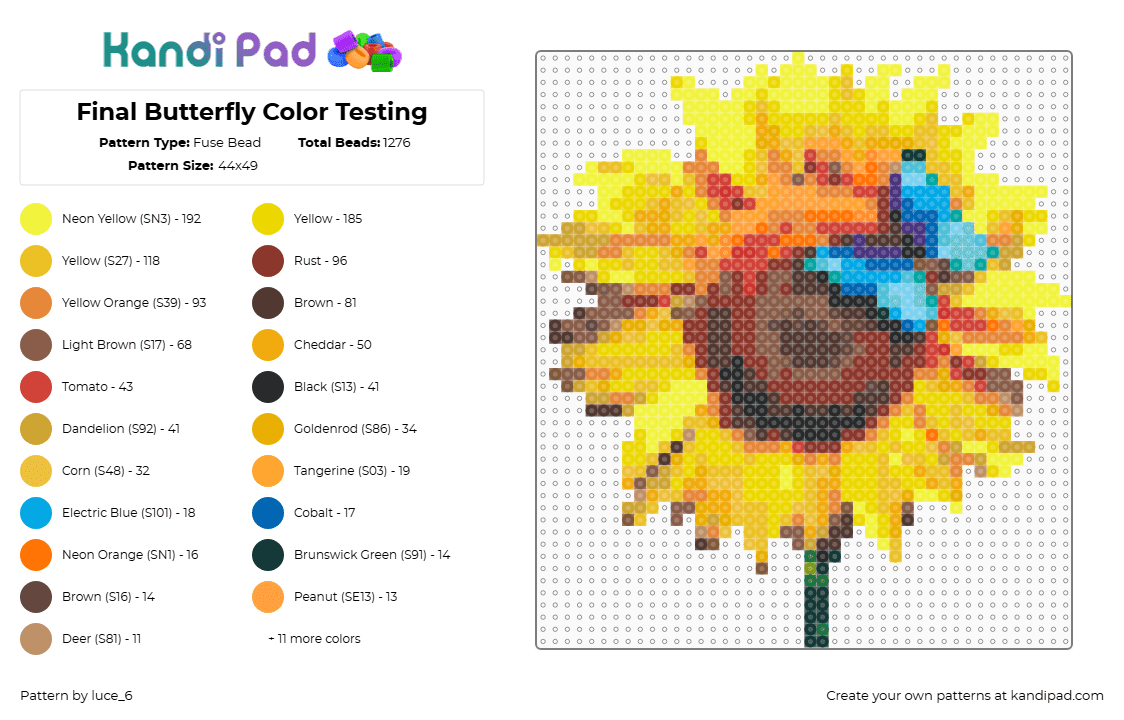 Final Butterfly Color Testing - Fuse Bead Pattern by luce_6 on Kandi Pad - yellow,orange,tan,colorful