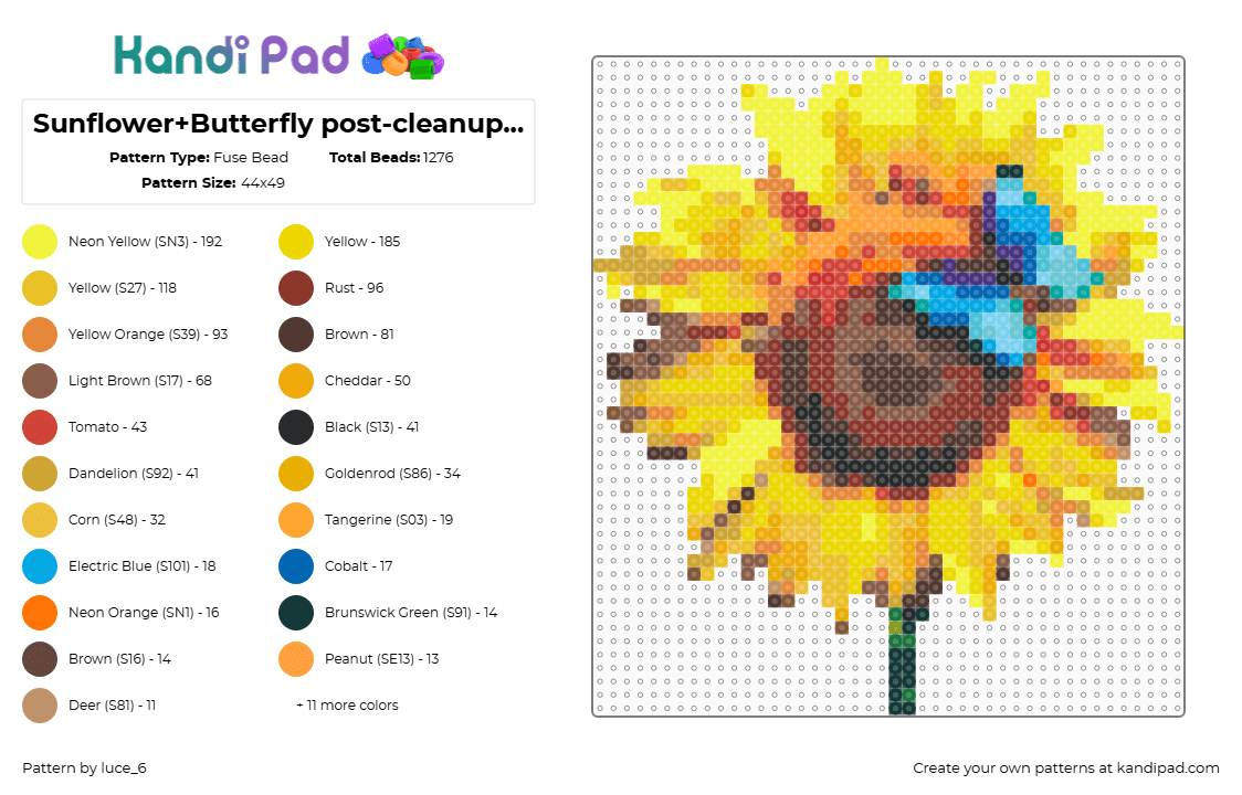 Sunflower+Butterfly post-cleanup (Sharpened) - Fuse Bead Pattern by luce_6 on Kandi Pad - yellow,orange,tan,colorful