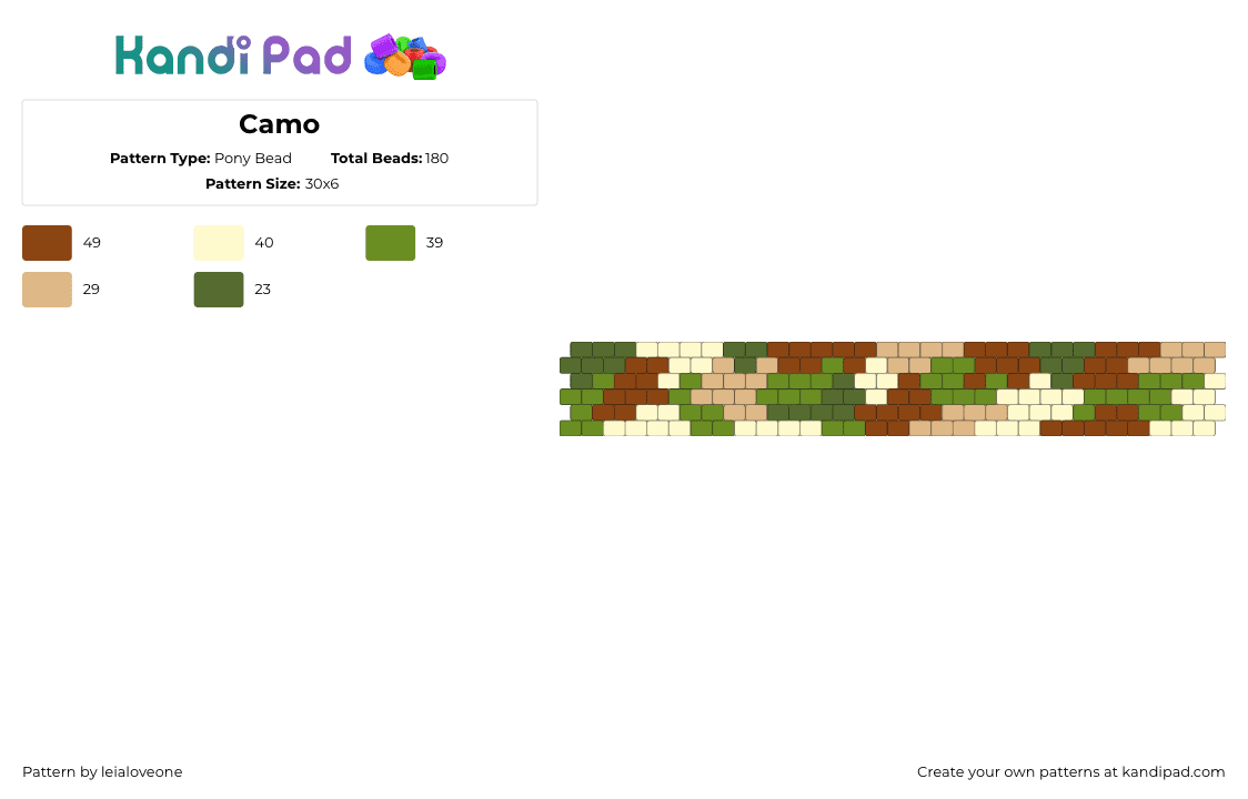Camo - Pony Bead Pattern by leialoveone on Kandi Pad - camouflage,camo,bracelet,cuff,earthy,green,red,yellow
