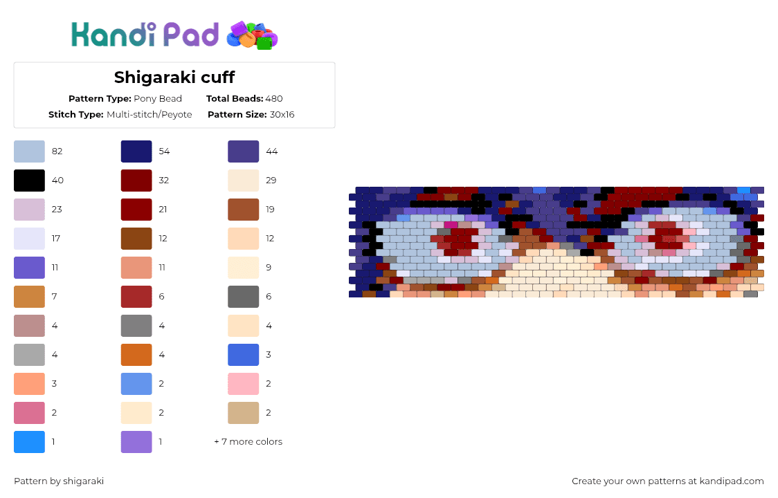 Shigaraki cuff - Pony Bead Pattern by shigaraki on Kandi Pad - purple,red,light blue,beige