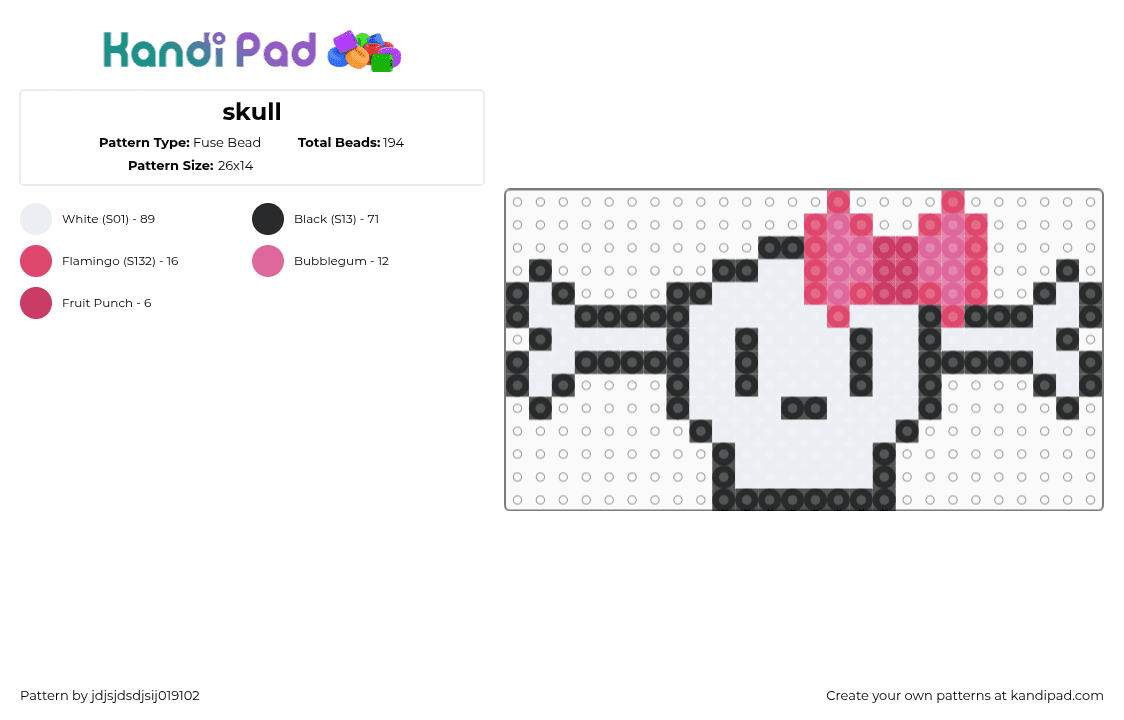 skull - Fuse Bead Pattern by jdjsjdsdjsij019102 on Kandi Pad - white,red,pink
