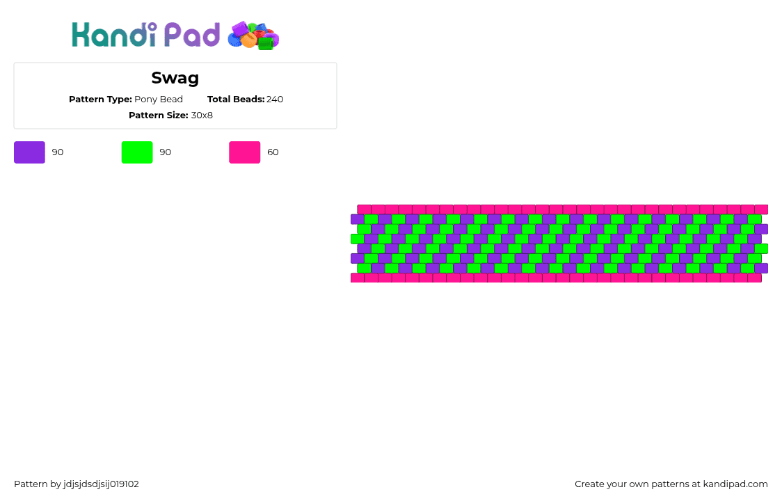 Swag - Pony Bead Pattern by jdjsjdsdjsij019102 on Kandi Pad - neon,diagonal,stripes,cuff,purple,green