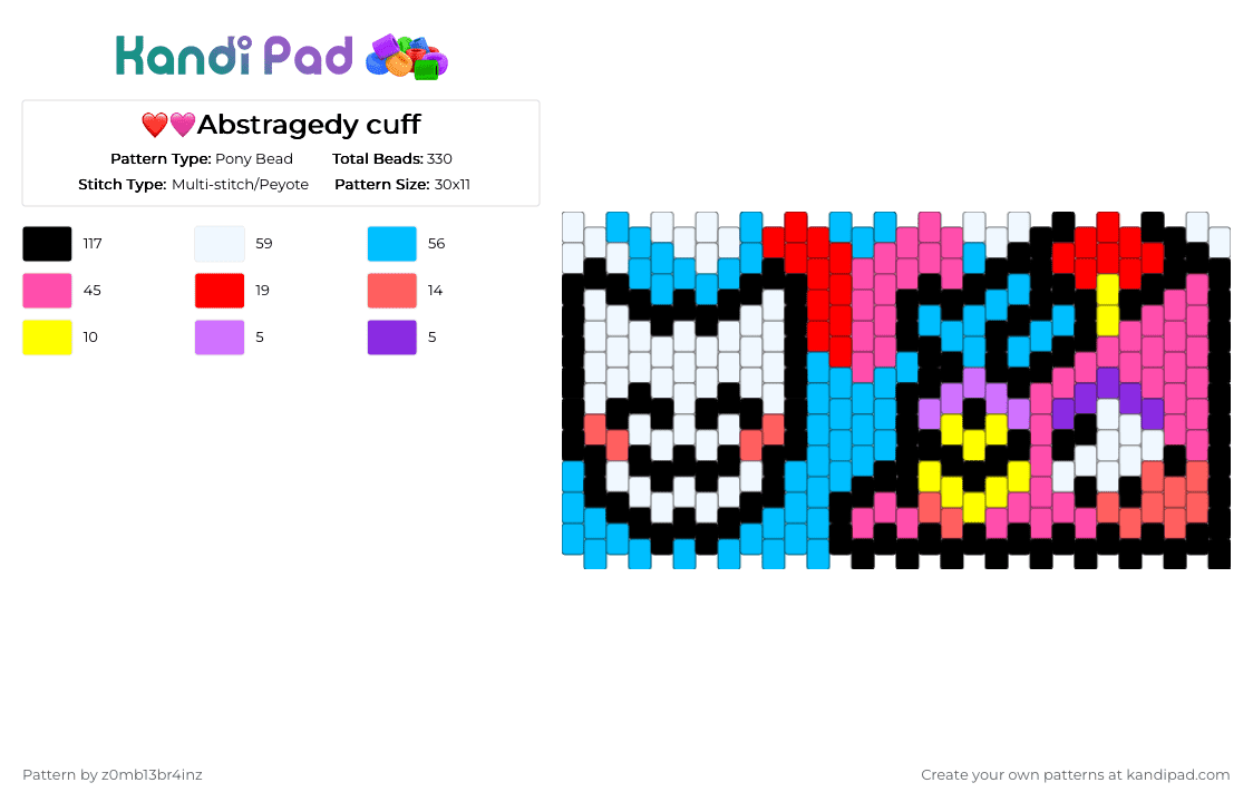 ❤️🩷Abstragedy cuff - Pony Bead Pattern by z0mb13br4inz on Kandi Pad - red,pink,light blue