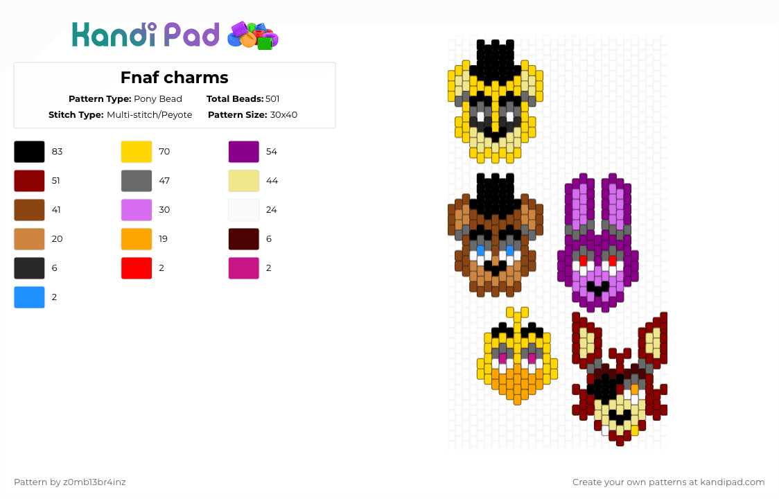 Fnaf charms - Pony Bead Pattern by z0mb13br4inz on Kandi Pad - pink,red,yellow