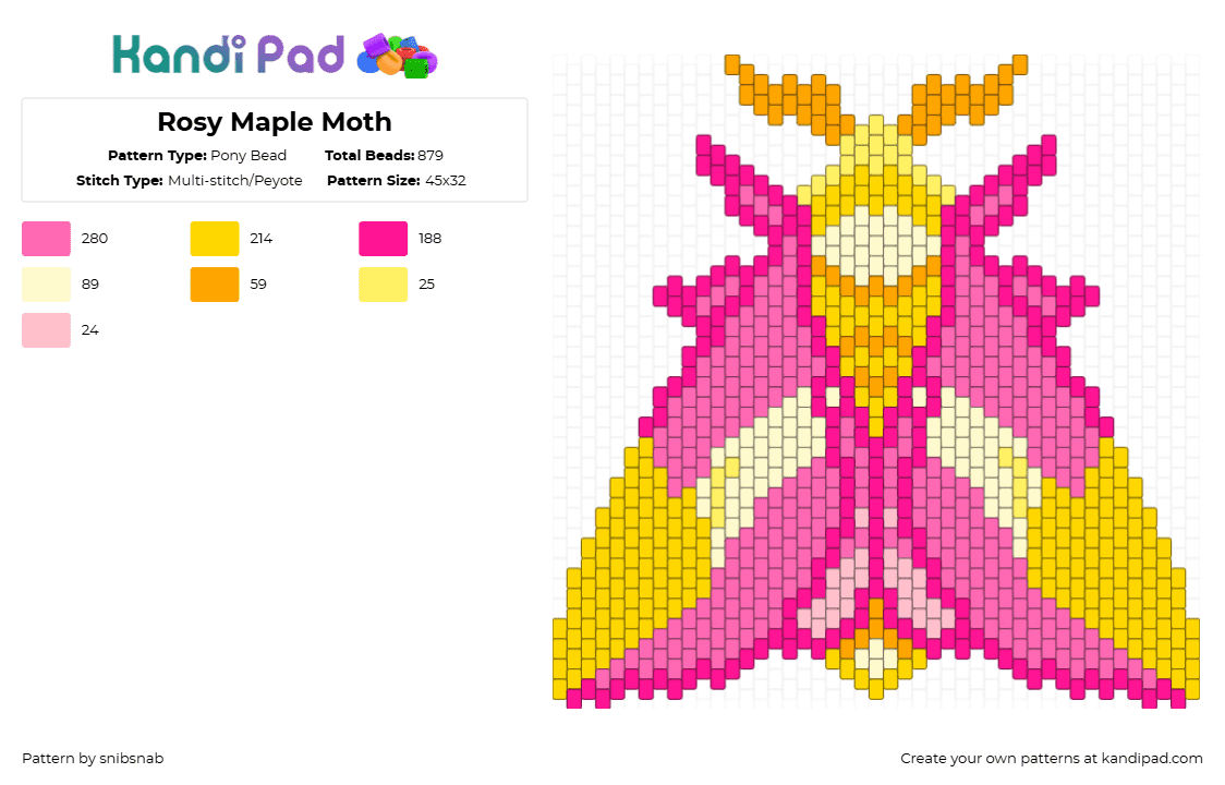 Rosy Maple Moth - Pony Bead Pattern by snibsnab on Kandi Pad - pink,yellow