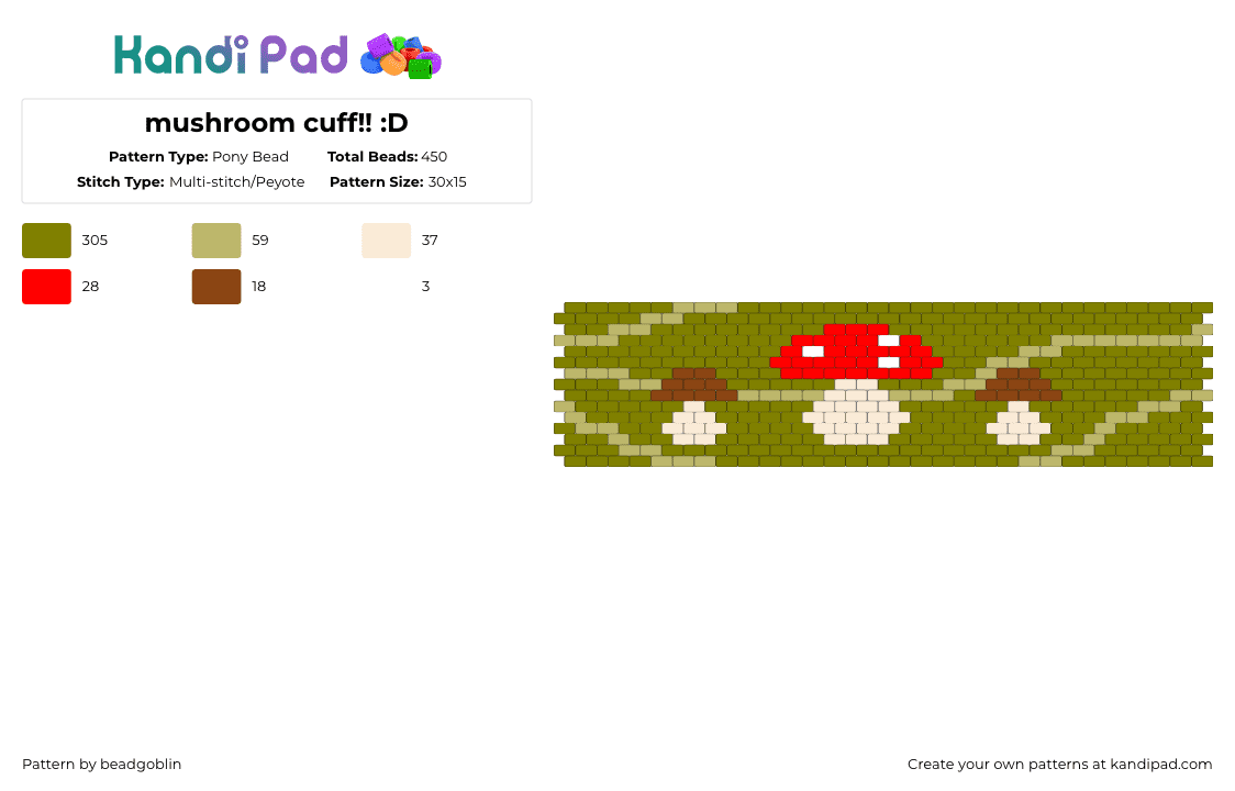 mushroom cuff!! :D - Pony Bead Pattern by beadgoblin on Kandi Pad - gold,mushroom,goblincore,toadstool,cottagecore,fairycore,nature