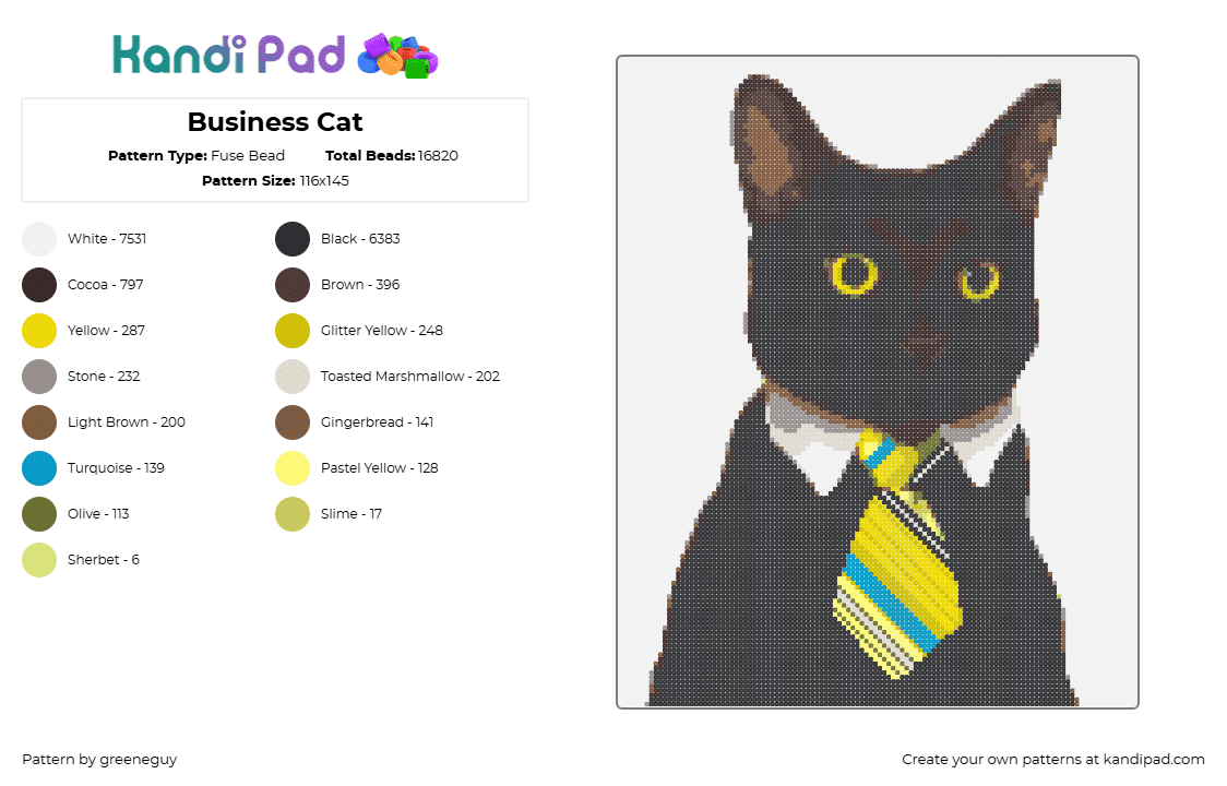 Business Cat - Fuse Bead Pattern by greeneguy on Kandi Pad - black,white,brown,yellow,colorful