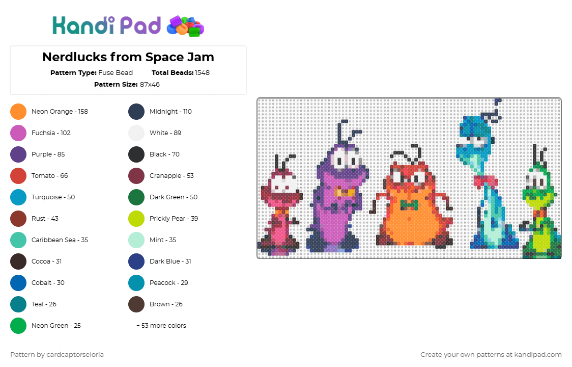 Nerdlucks from Space Jam - Fuse Bead Pattern by cardcaptorseloria on Kandi Pad - teal,pink,red,green,orange,colorful