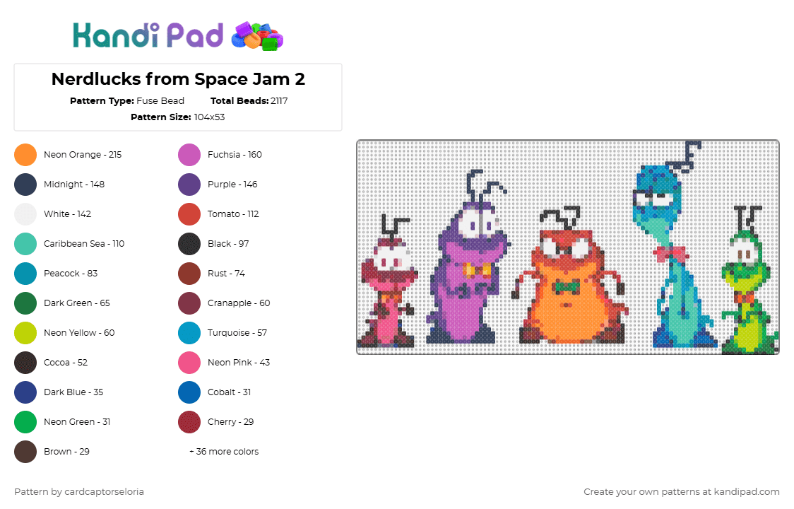 Nerdlucks from Space Jam 2 - Fuse Bead Pattern by cardcaptorseloria on Kandi Pad - purple,pink,brown,green,orange,colorful