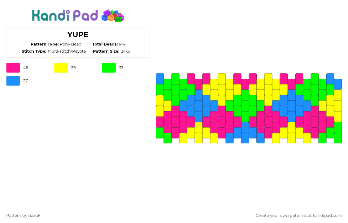 YUPE - Pony Bead Pattern by hazuki on Kandi Pad - neon,cuff,pink,yellow