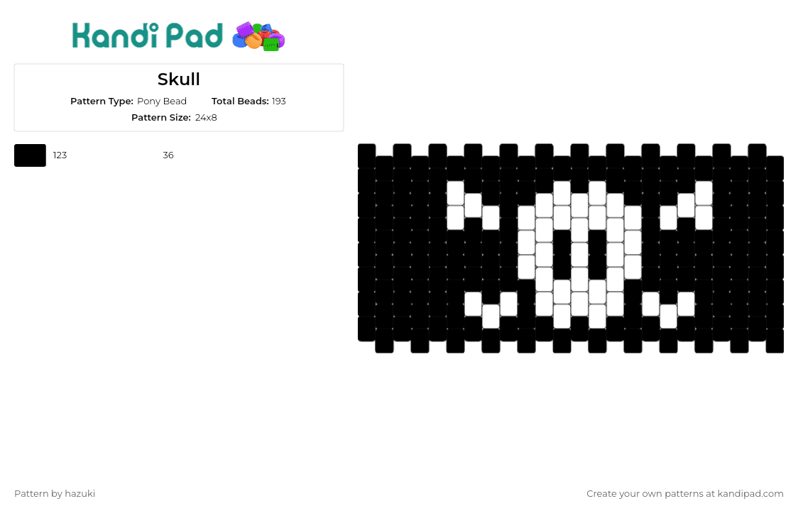 Skull - Pony Bead Pattern by hazuki on Kandi Pad - skull and crossbones,cuff,iconic,symbol,striking,contrast,unique,creative,black,white