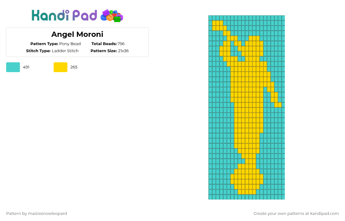 Angel Moroni - Pony Bead Pattern by maiziesnowleopard on Kandi Pad - yellow,light blue,lds,mormon,moroni,angel moroni,golden moroni,book of mormon,angel,angels