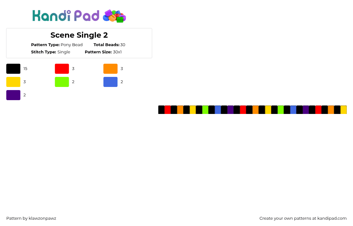 Scene Single 2 - Pony Bead Pattern by klawzonpawz on Kandi Pad - black,red,orange,yellow,scene,rainbow,single