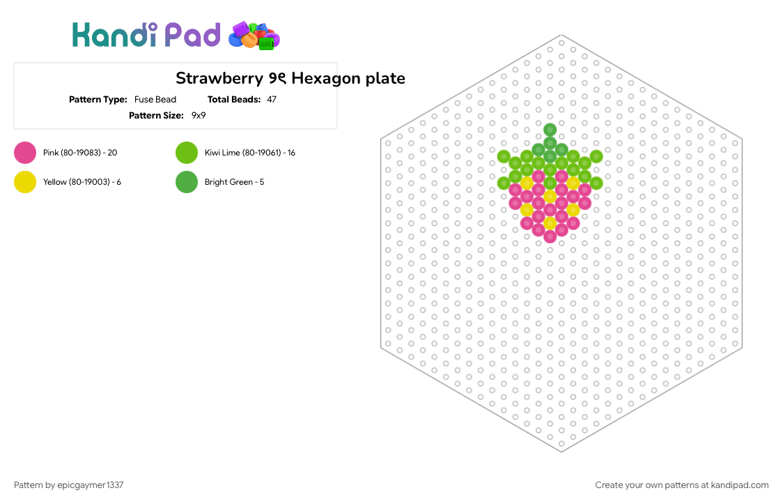 Strawberry ୨ৎ Hexagon plate - Fuse Bead Pattern by epicgaymer1337 on Kandi Pad - berry, cute, cutecore, fruit, green, hexagon, hexagon board, pink, strawberries, strawberry