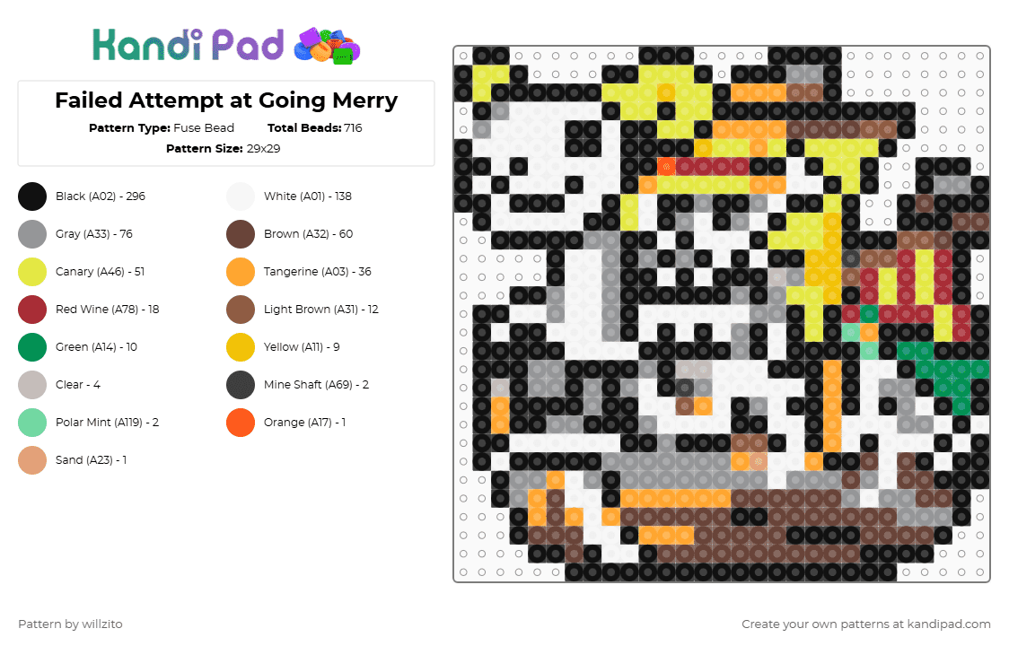 Failed Attempt at Going Merry - Fuse Bead Pattern by willzito on Kandi Pad - black,yellow,gray,brown,colorful
