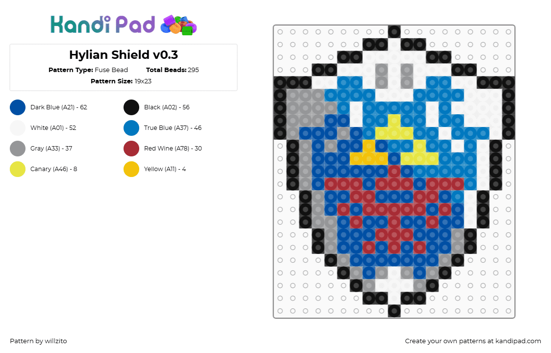 Hylian Shield v0.3 - Fuse Bead Pattern by willzito on Kandi Pad - hylian shield,crest,charm,zelda,video game,shield,gaming,blue