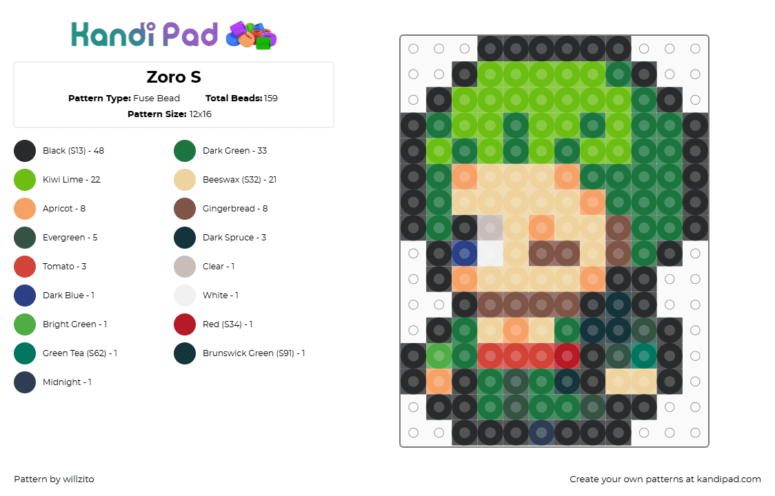 Zoro S - Fuse Bead Pattern by willzito on Kandi Pad - green,beige,one piece,zoro