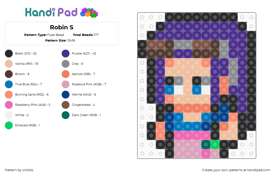 Robin S - Fuse Bead Pattern by willzito on Kandi Pad - purple,beige,pink,colorful,one piece,robin,nico robin