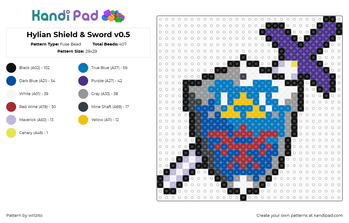 Hylian Shield & Sword v0.5 - Fuse Bead Pattern by willzito on Kandi Pad - purple,blue