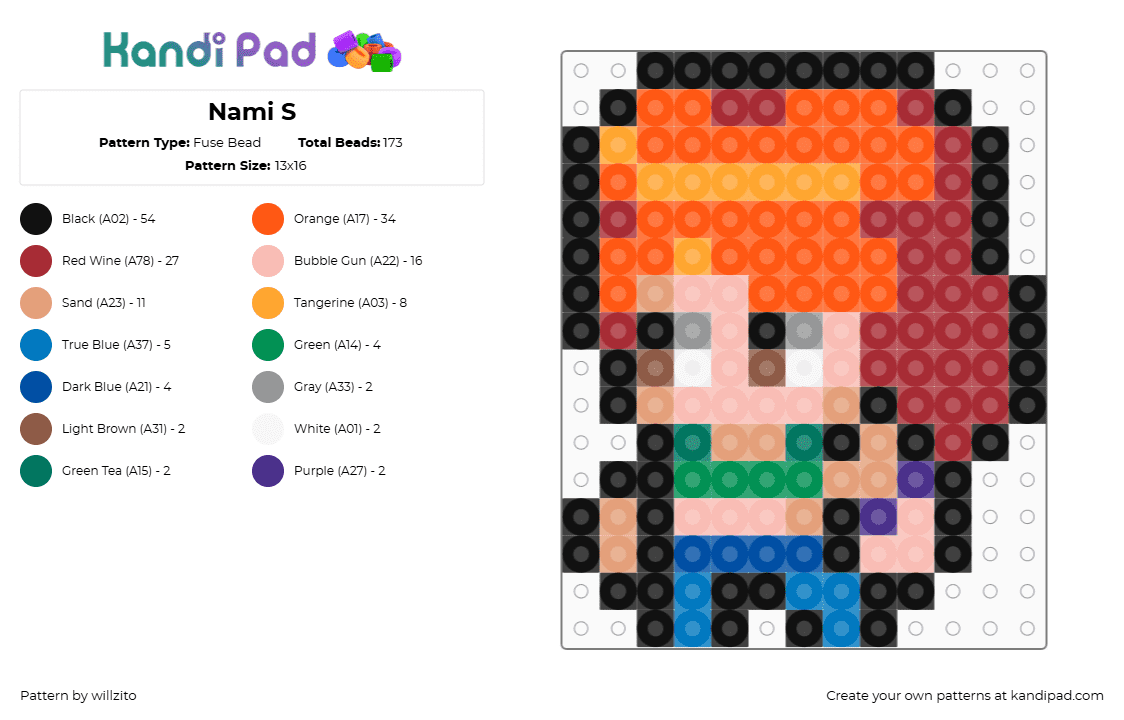 Nami S - Fuse Bead Pattern by willzito on Kandi Pad - orange,red,beige