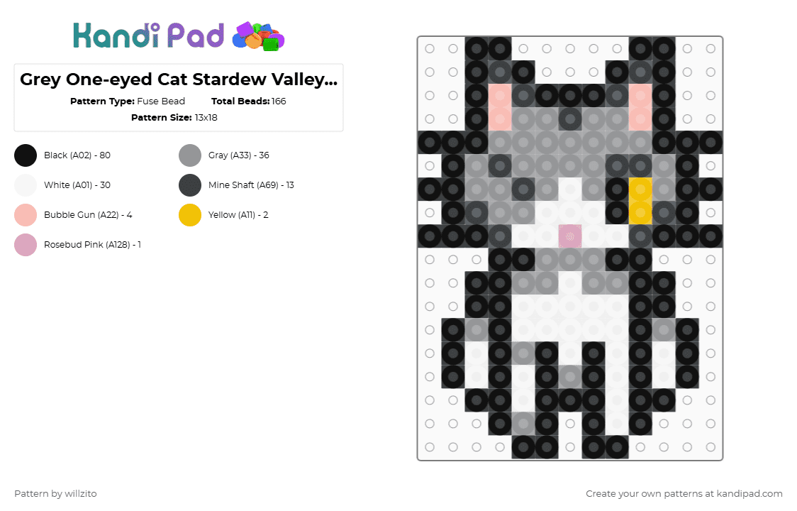 Grey One-eyed Cat Stardew Valley (recolor) - Fuse Bead Pattern by willzito on Kandi Pad - black,purple,gray,stardew valley,cat,gray cat