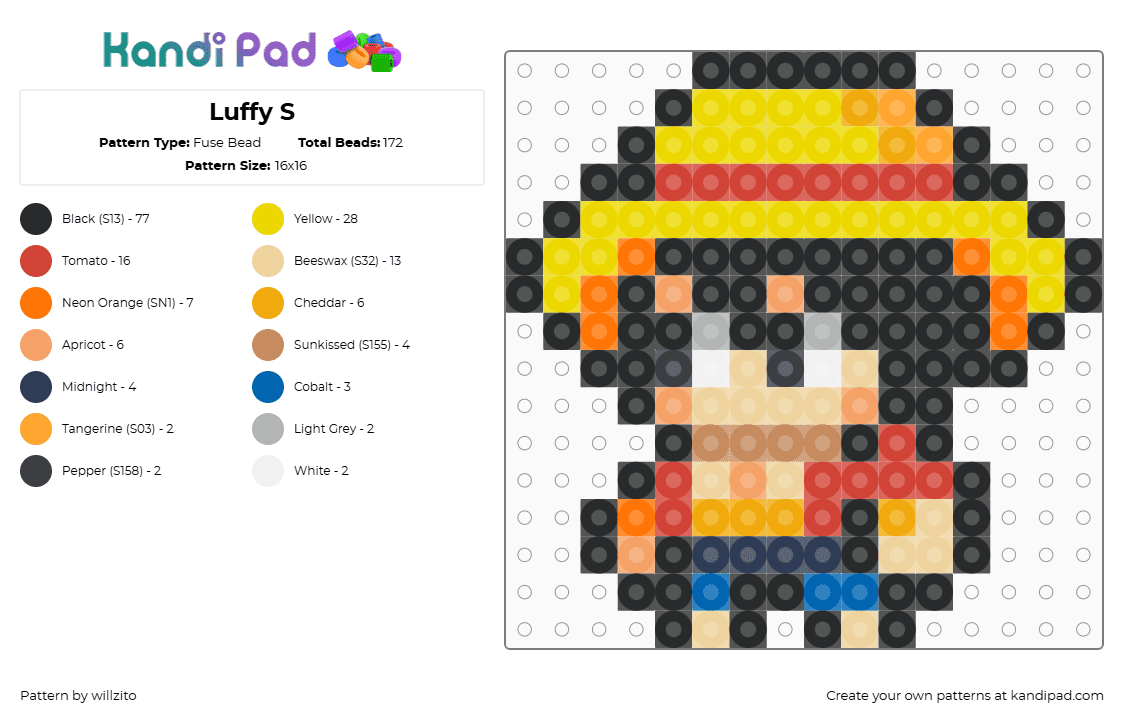 Luffy S - Fuse Bead Pattern by willzito on Kandi Pad - black,yellow,orange,beige,colorful,one piece,luffy