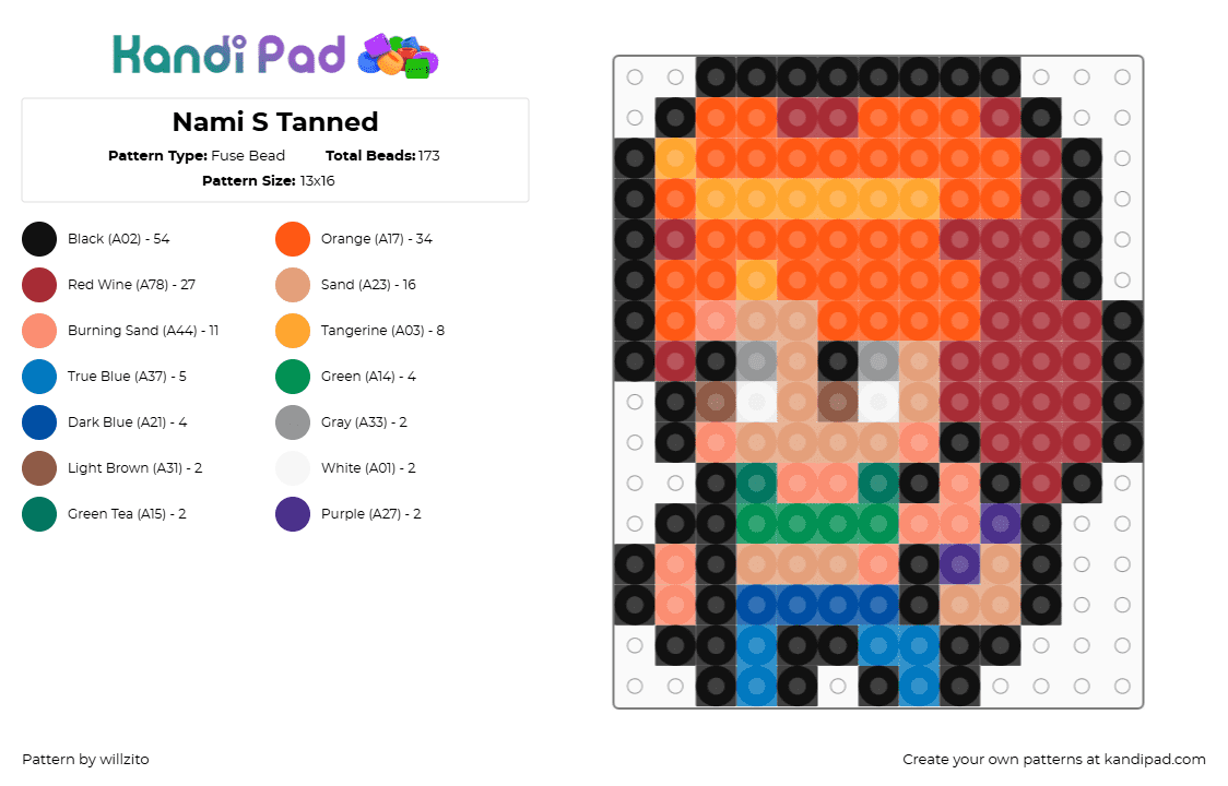 Nami S Tanned - Fuse Bead Pattern by willzito on Kandi Pad - orange,red,beige