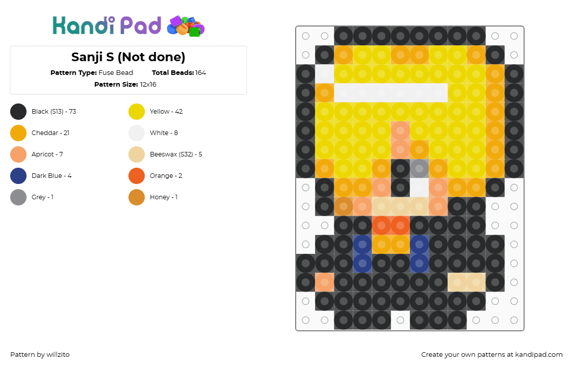 Sanji S (Not done) - Fuse Bead Pattern by willzito on Kandi Pad - black,orange,yellow,one piece,sanji
