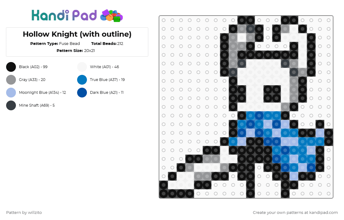 Hollow Knight (with outline) - Fuse Bead Pattern by willzito on Kandi Pad - black,gray,blue