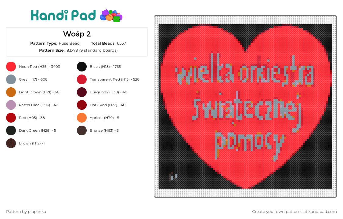 Wośp 2 - Fuse Bead Pattern by plaplinka on Kandi Pad - heart,text,red,charity,support,affection,message,vibrant,showcase,inspiration