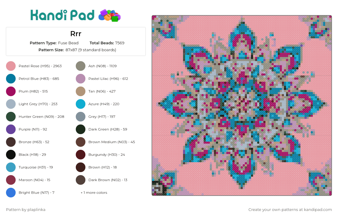 Rrr - Fuse Bead Pattern by plaplinka on Kandi Pad - fractal,tapestry,intricate,symmetry,complexity,enchanting,challenging,project,turquoise,pink