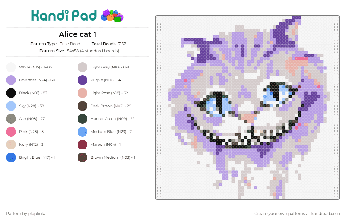 Alice cat 1 - Fuse Bead Pattern by plaplinka on Kandi Pad - cheshire cat,alice in wonderland,whimsical,storybook,smile,fantasy,classic,mischievous,purple