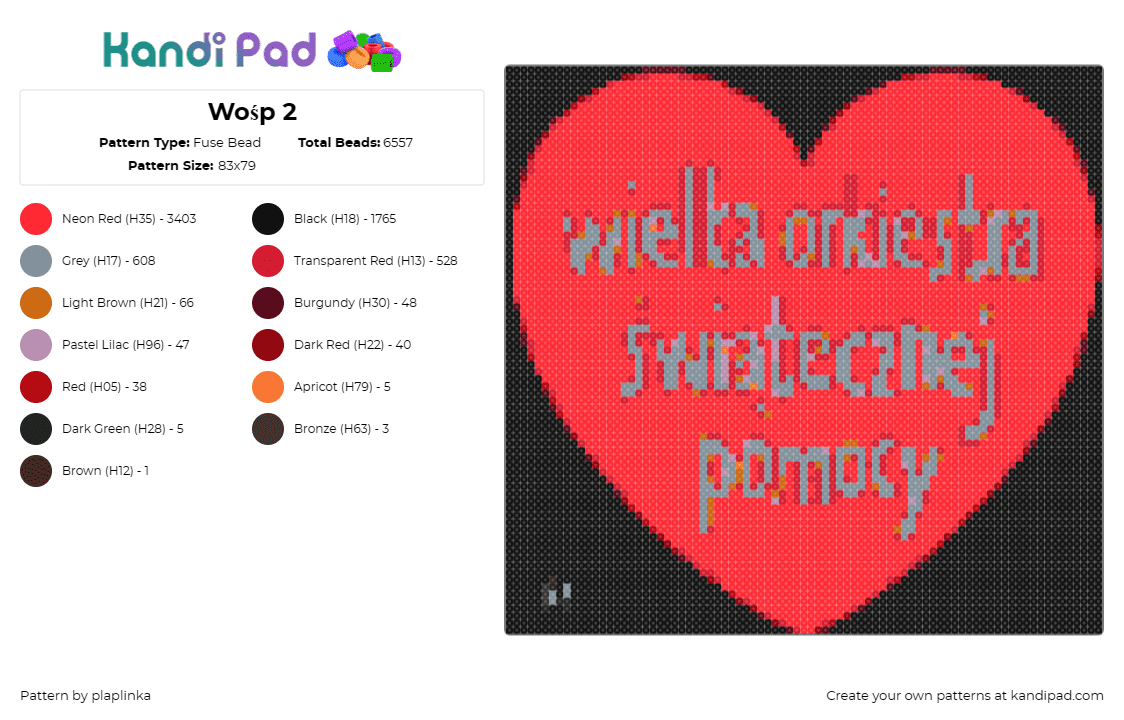 Wośp 2 - Fuse Bead Pattern by plaplinka on Kandi Pad - heart,text,red,charity,support,affection,message,vibrant,inspiration