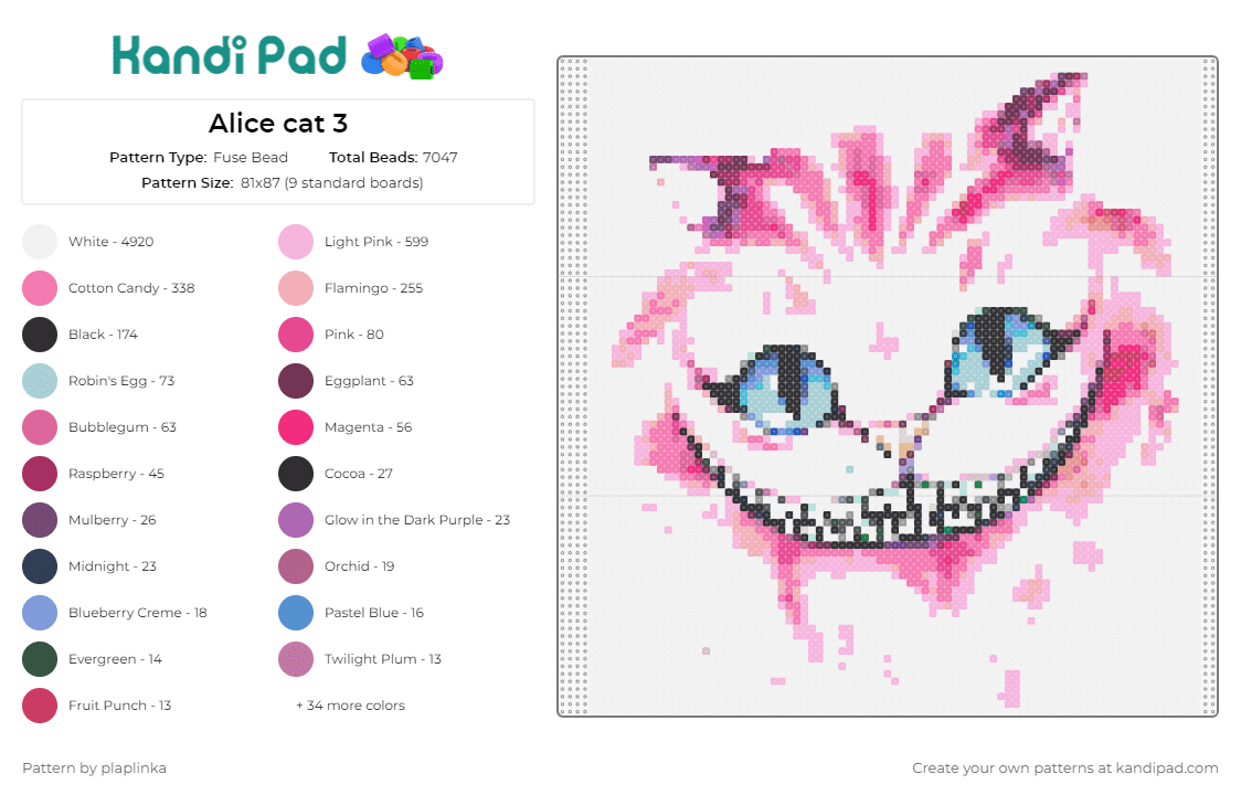 Alice cat 3 - Fuse Bead Pattern by plaplinka on Kandi Pad - cheshire cat,alice in wonderland,whimsical,fantasy,grin,magical,storybook,fictional character,pink