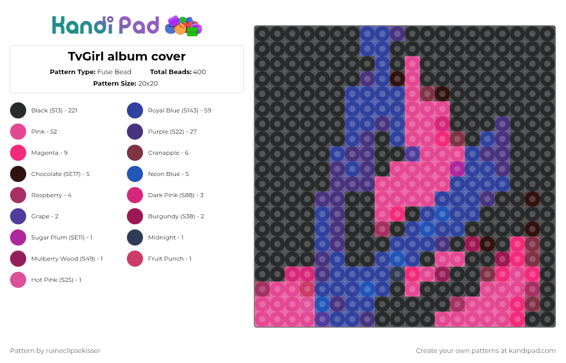 TvGirl album cover - Fuse Bead Pattern by ruineclipsekisser on Kandi Pad - black,purple,pink