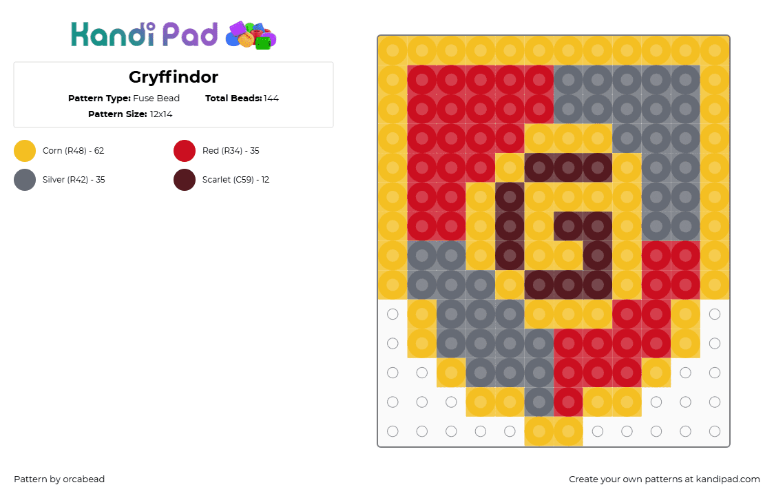 Gryffindor - Fuse Bead Pattern by orcabead on Kandi Pad - gryffindor,harry potter,crest,shield,story,book,movie,yellow,red,gray