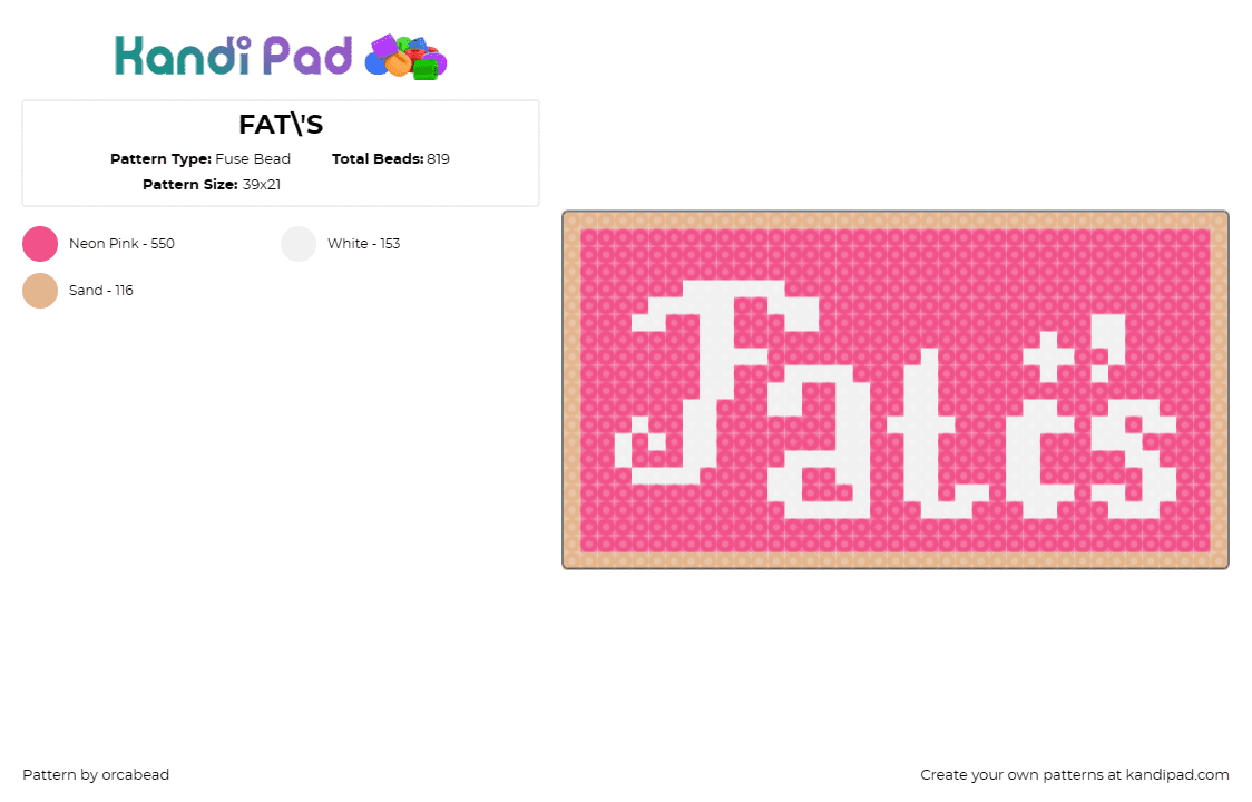 FAT\'S - Fuse Bead Pattern by orcabead on Kandi Pad - text,personalized,lettering,bold,pink,statement