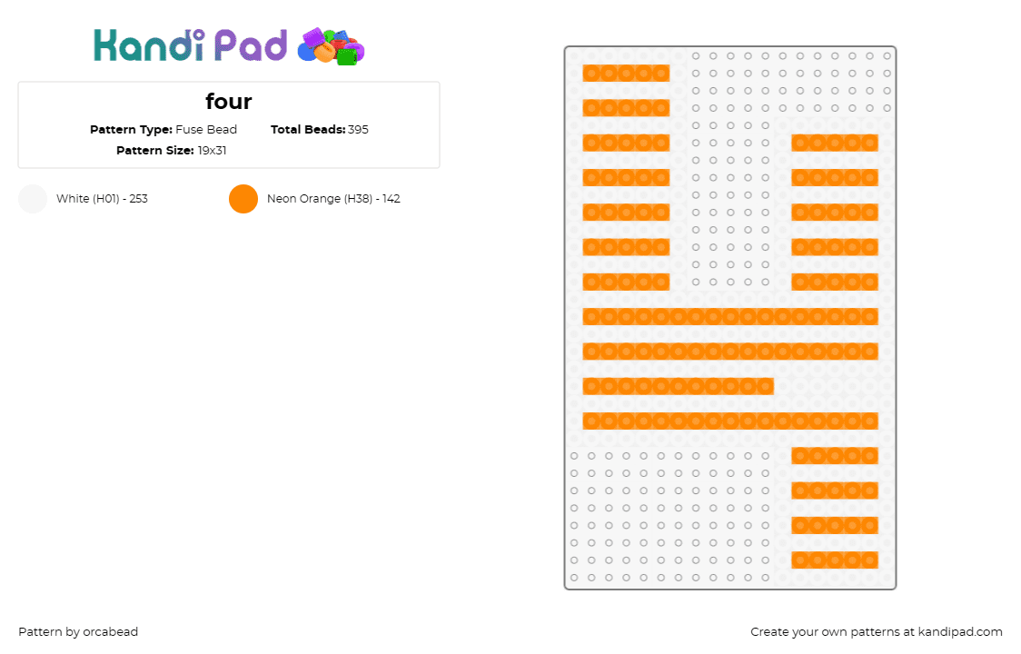 four - Fuse Bead Pattern by orcabead on Kandi Pad - number,four,simplicity,bold,educational,numerical,orange,white