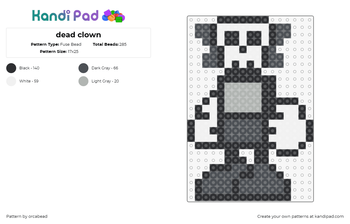 dead clown - Fuse Bead Pattern by orcabead on Kandi Pad - clown,skeleton,whimsical,edgy,playful,contrast,gray,white,black