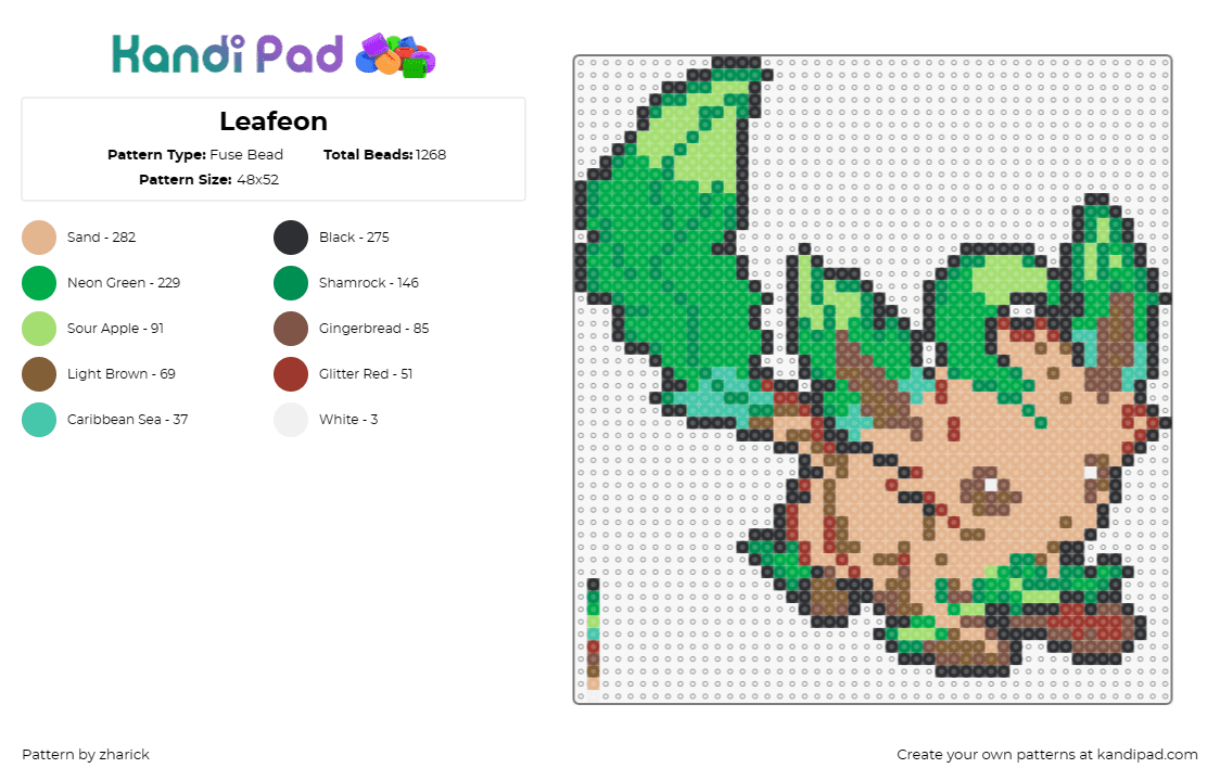 Leafeon - Fuse Bead Pattern by zharick on Kandi Pad - leafeon,pokemon,grass-type,vibrant,earthy,evolution,green,beige